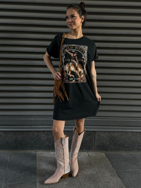 rodeo t shirt dress Stay Wild T-Shirt Dress: Nashville Concert Top, Western Rodeo Shirt