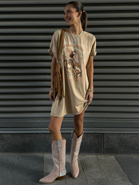 midi dress with cowboy boots Brown Western Lace Long Sleeve Small style silhouette Women's Outfit: White Embroidered Midi
