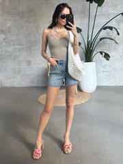 DEX Frayed Hem Embroidered Denim Shorts