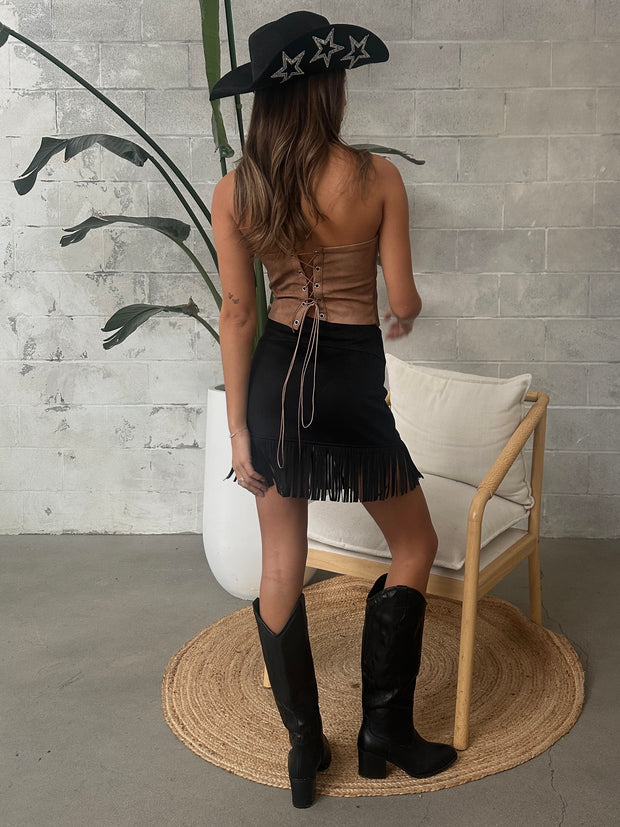 NOISY MAY Abby Faux Suede Fringe Mini Skirt