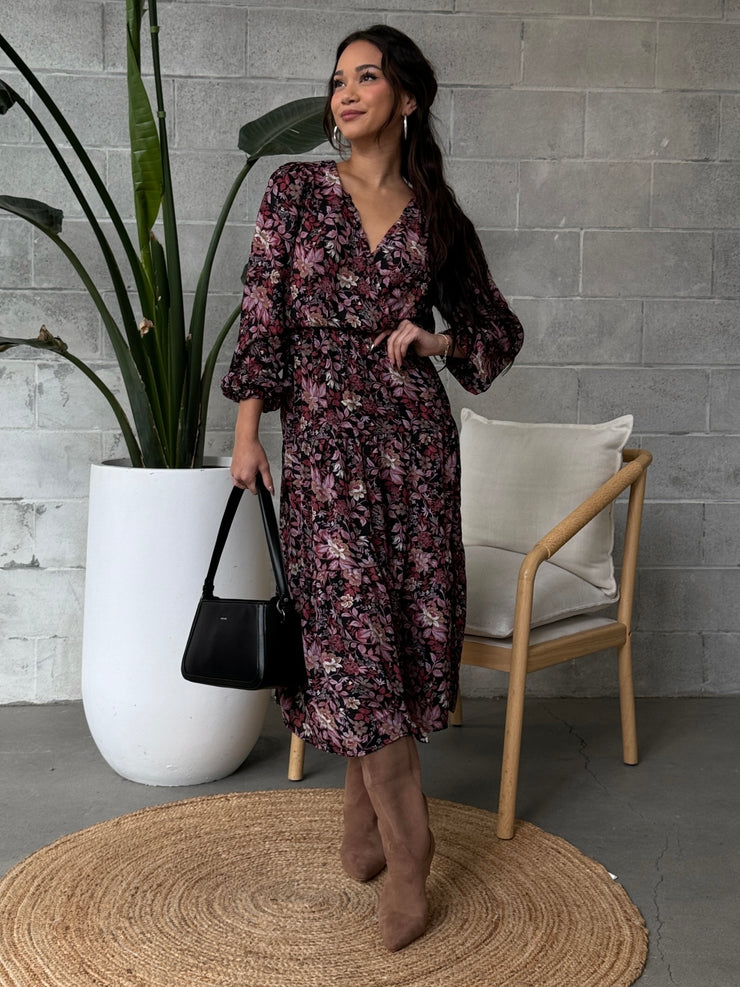 BLACK TAPE Floral Long Sleeve Wrap Midi Dress