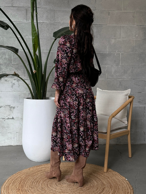 BLACK TAPE Floral Long Sleeve Wrap Midi Dress