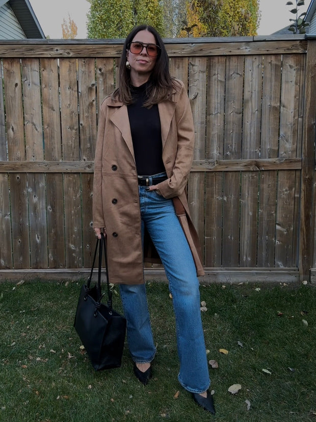 BLACK TAPE Faux Suede Belted Trench Coat