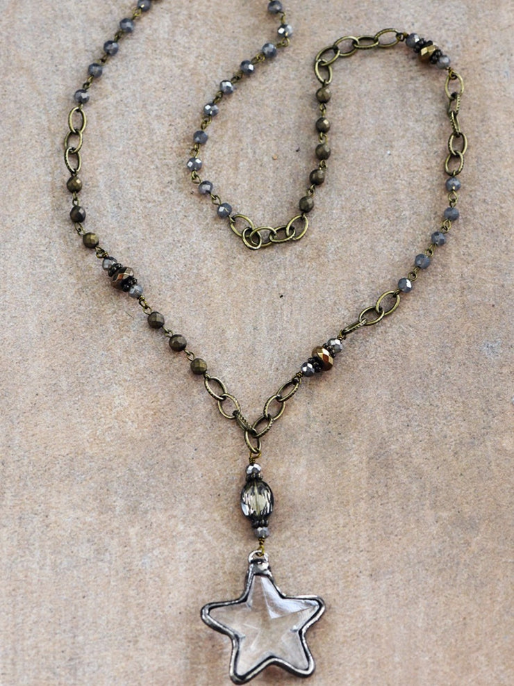 27 Long Bead Chain & Crystal Star Pendant Necklace