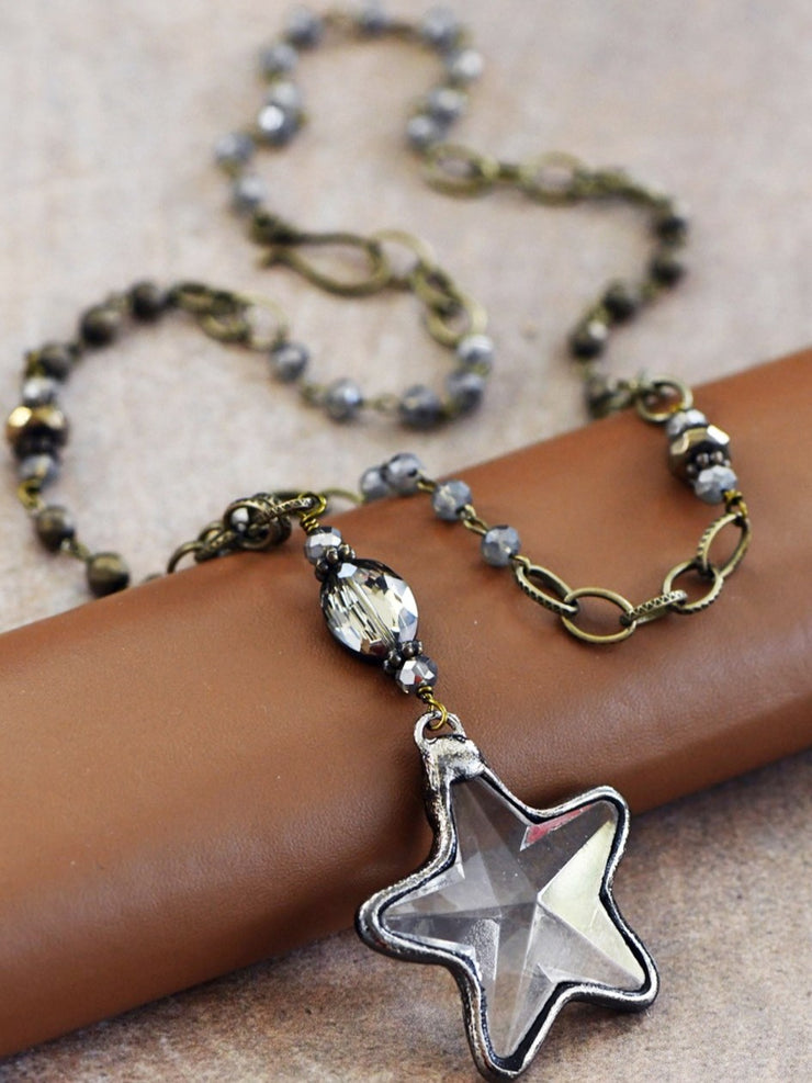 27 Long Bead Chain & Crystal Star Pendant Necklace