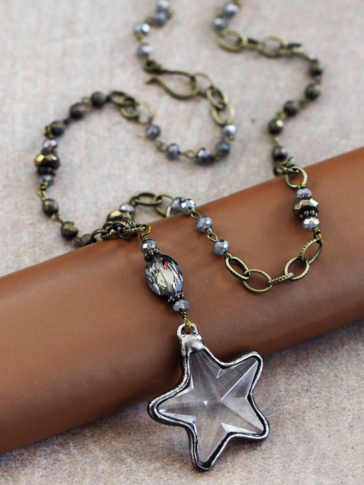 27 Long Bead Chain & Crystal Star Pendant Necklace