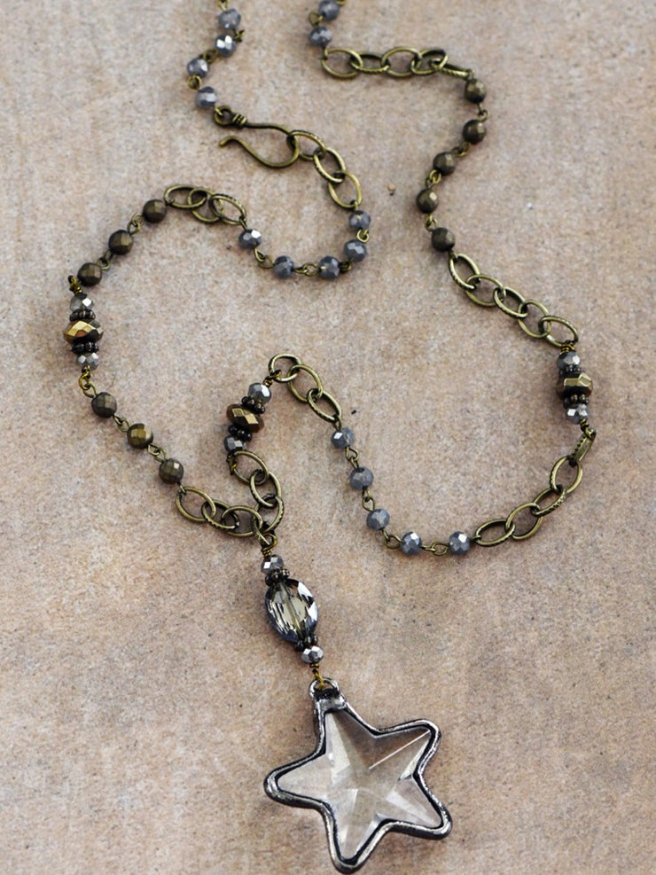 27 Long Bead Chain & Crystal Star Pendant Necklace