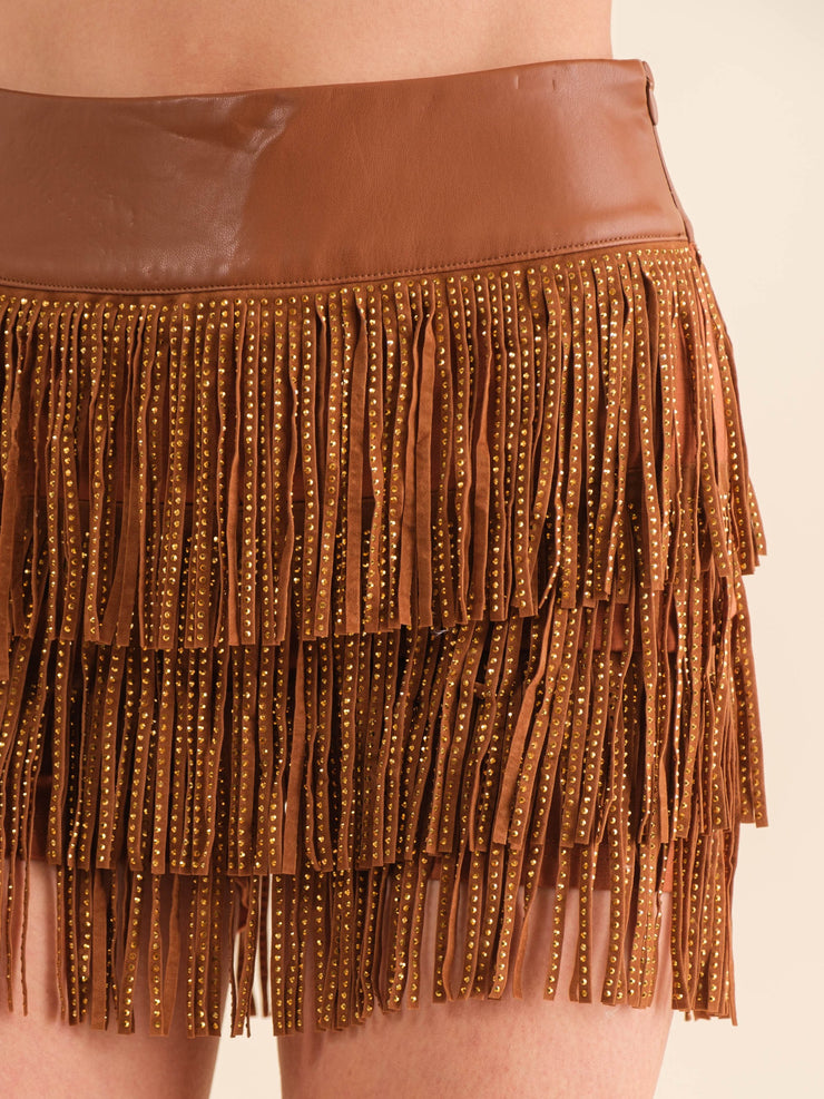 27 Faux Leather Studded Fringe Skort