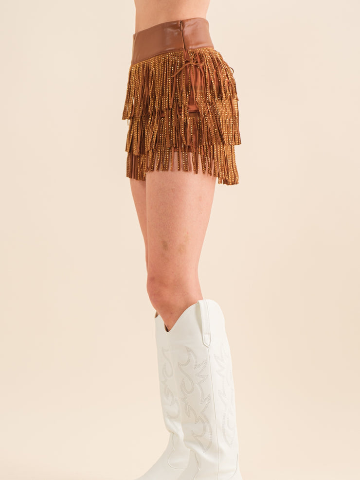 27 Faux Leather Studded Fringe Skort
