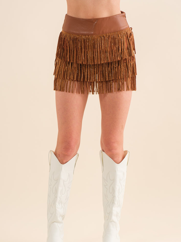 27 Faux Leather Studded Fringe Skort