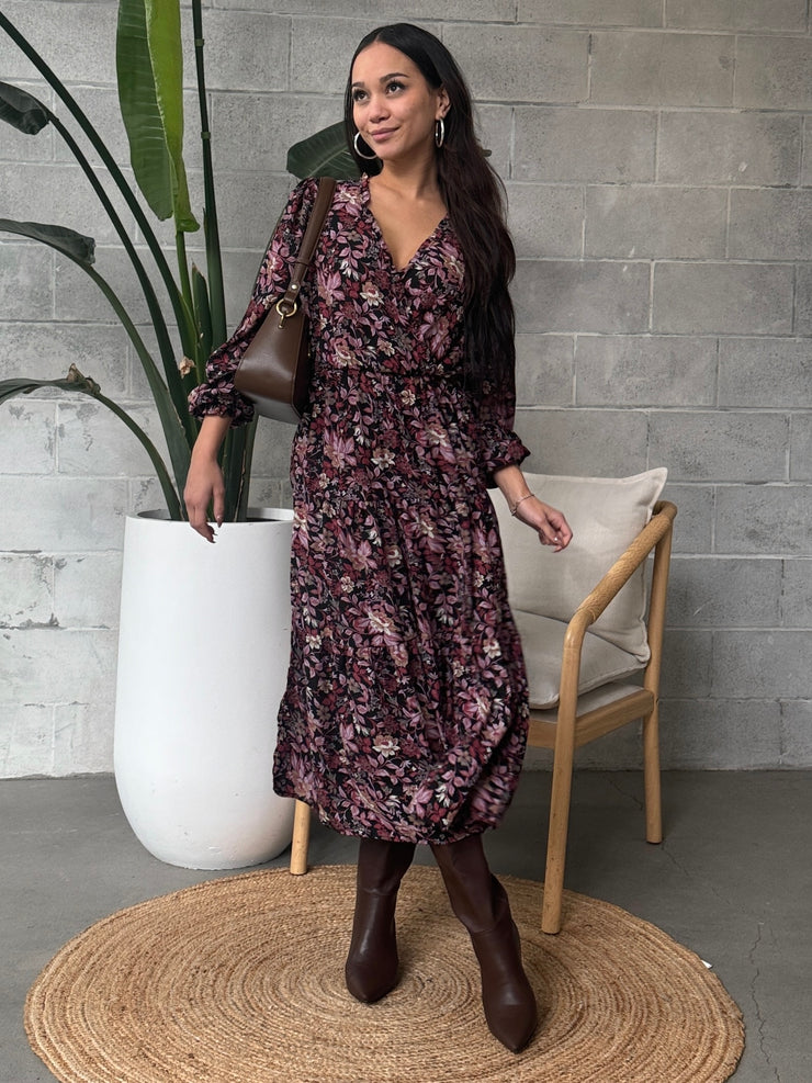 BLACK TAPE Floral Long Sleeve Wrap Midi Dress