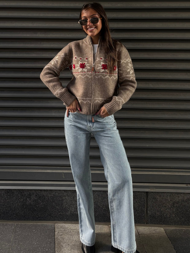 RD STYLE Double Zipper Embroidered Cardigan