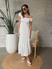 DEX Off Shoulder Smocked Tiered Maxi Dress