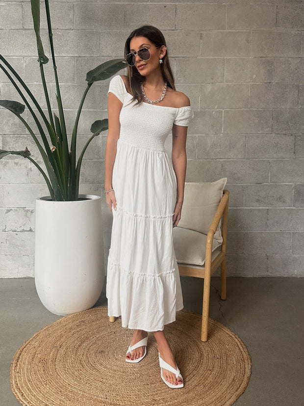 DEX Off Shoulder Smocked Tiered Maxi Dress