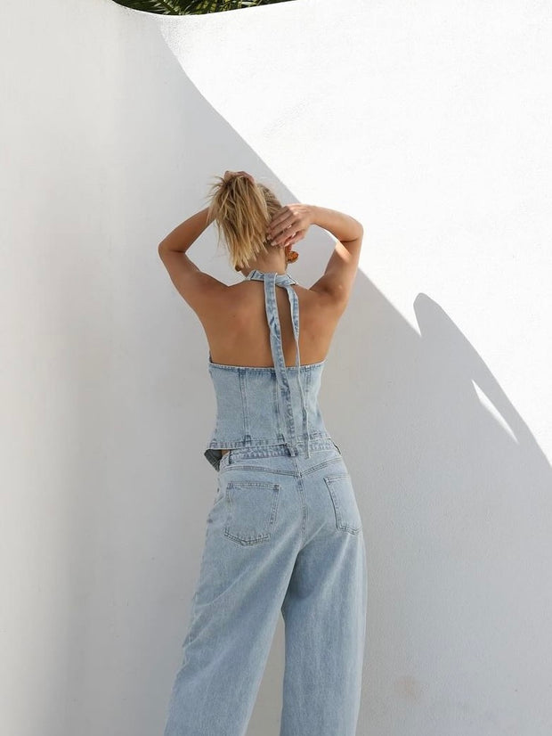 LOST IN LUNAR Valentina Denim Halter Vest Top