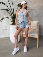 LOST IN LUNAR Valentina Denim Halter Vest Top