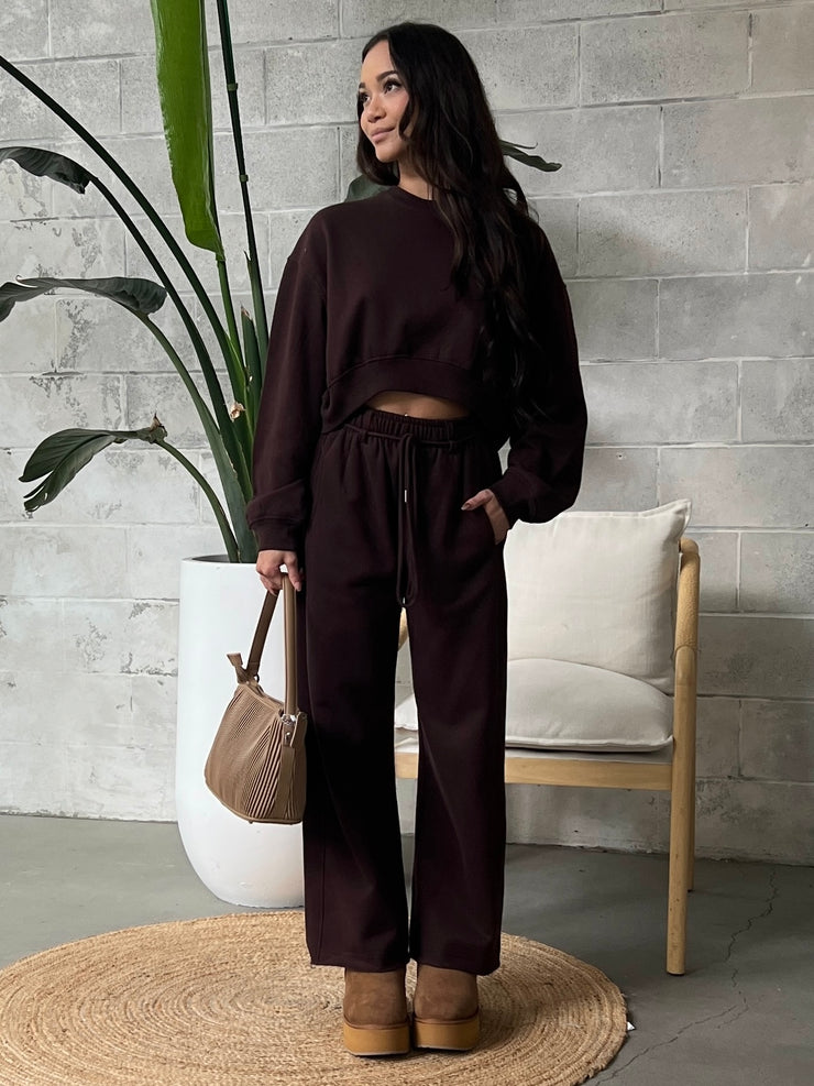 C'EST MOI Fleece Crop Crewneck Sweater and Wide Leg Pant Set