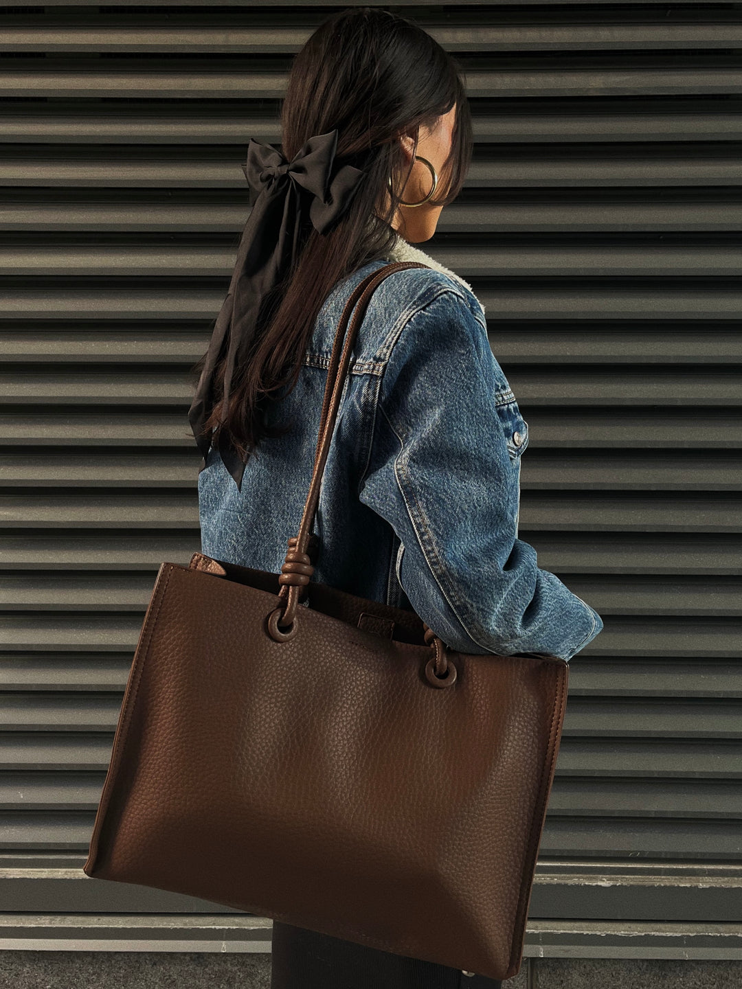 Brown faux leather tote bag hotsell