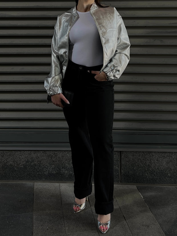 DEX Metallic Silver Bomber Jacket