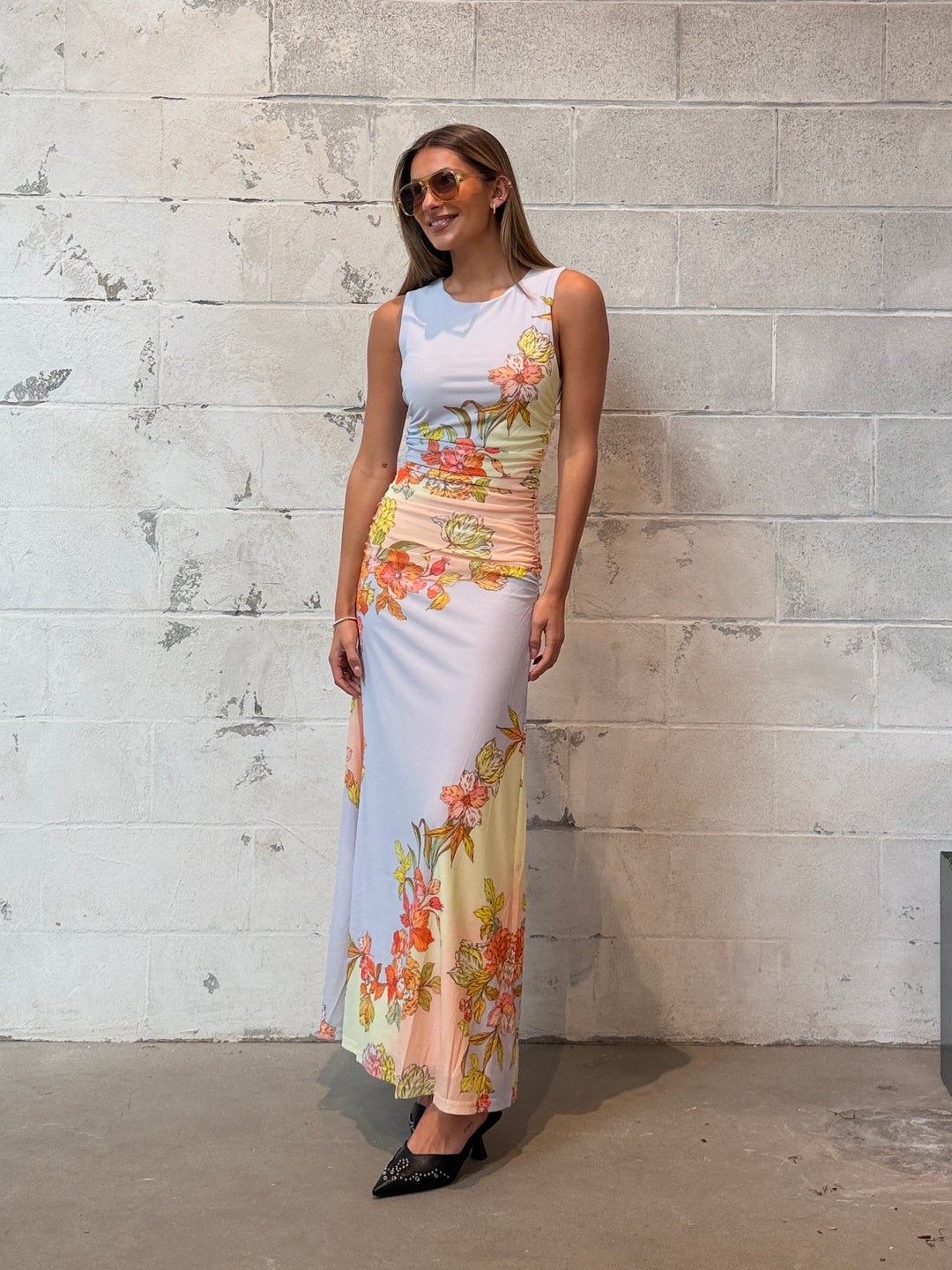 minkpink floral midi dress Oversized Floral Mesh Midi Dress with Gather Detail M / Wine Shadow Floral