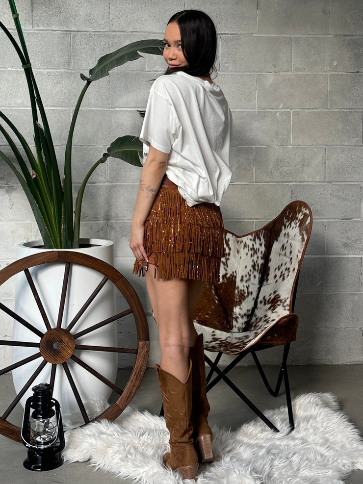 27 Faux Leather Studded Fringe Skort