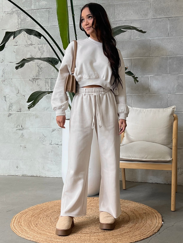 C'EST MOI Fleece Crop Crewneck Sweater and Wide Leg Pant Set