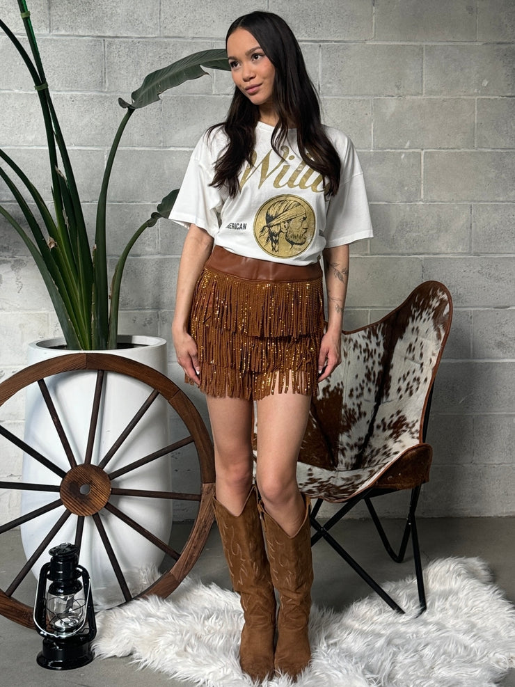27 Faux Leather Studded Fringe Skort