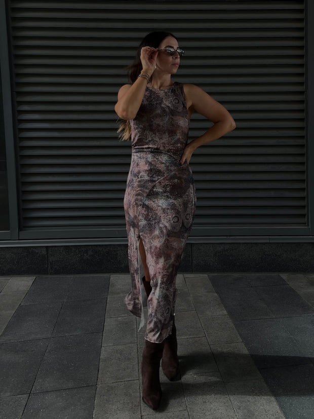 DEX Shirred Mesh Midi Dress
