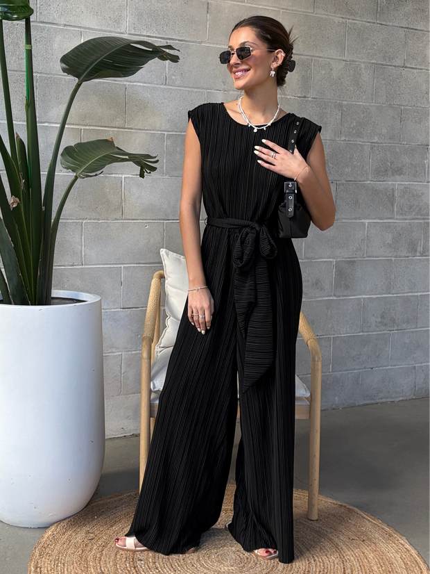 BLACK TAPE Plisse Belted Waist Jumpsuit