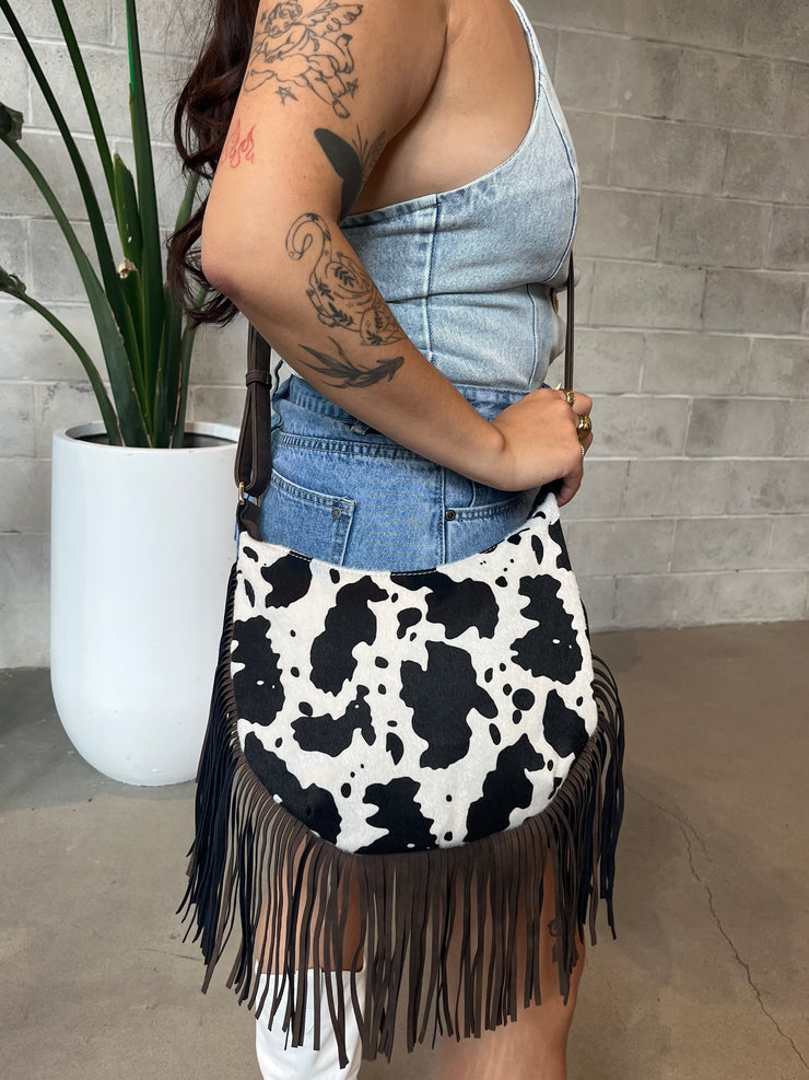 27 Western Cow Print Fringe Crossbody Bag