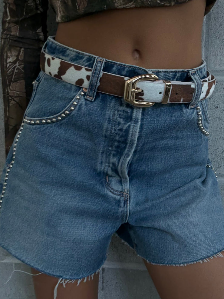 27 Squared Buckle Faux Fur Cow Print Belt
