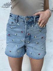 DEX Frayed Hem Embroidered Denim Shorts