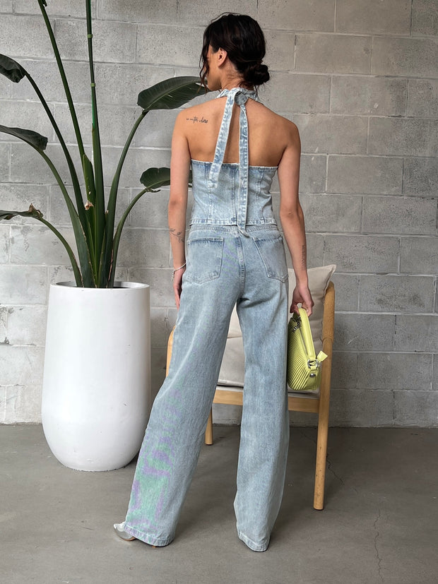 LOST IN LUNAR Valentina Denim Halter Vest Top