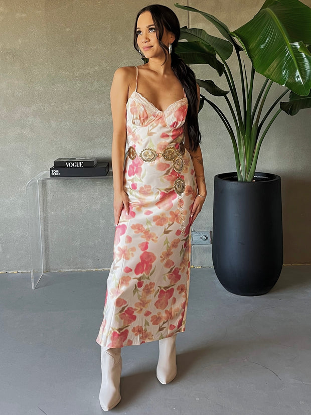 27 Floral Satin Open Back Maxi Slip Dress