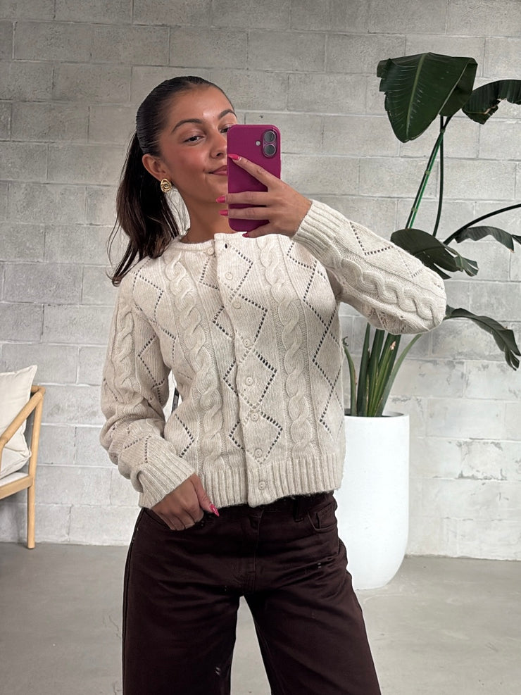 RD STYLE Jocasta Crewneck Cable Knit Cardigan
