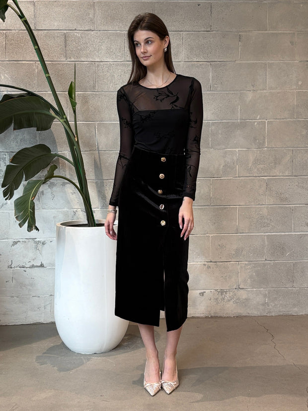 DEX Buttoned Velvet Midi Skirt