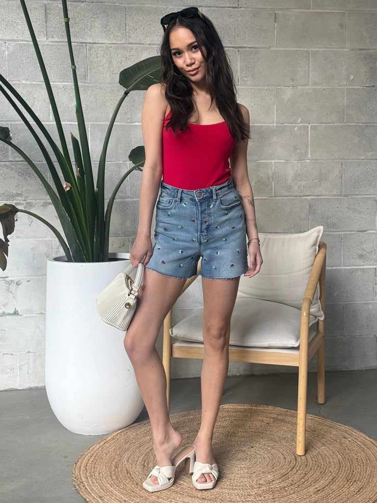 DEX Frayed Hem Embroidered Denim Shorts