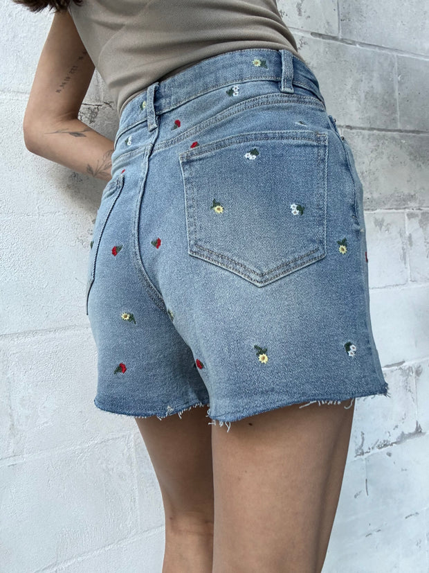 DEX Frayed Hem Embroidered Denim Shorts