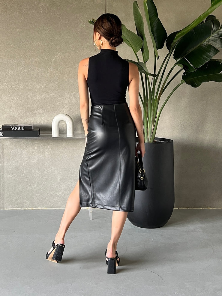 RD STYLE Tori Faux Leather Front Slit Midi Skirt