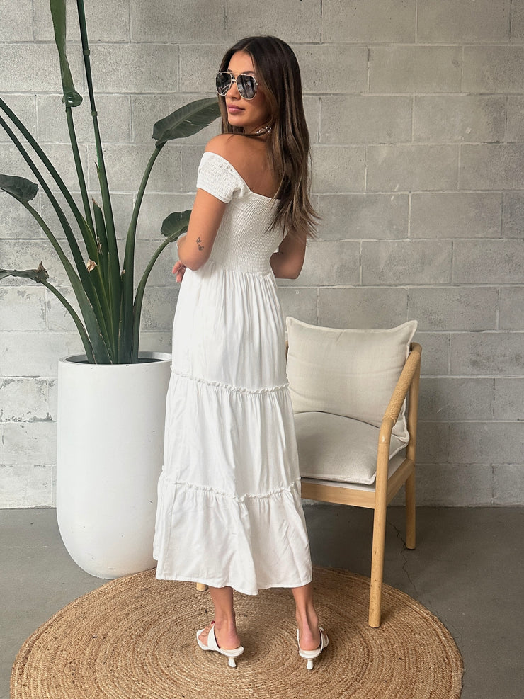 DEX Off Shoulder Smocked Tiered Maxi Dress