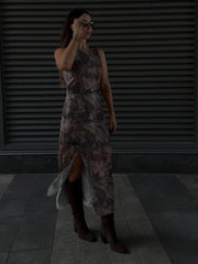 DEX Shirred Mesh Midi Dress