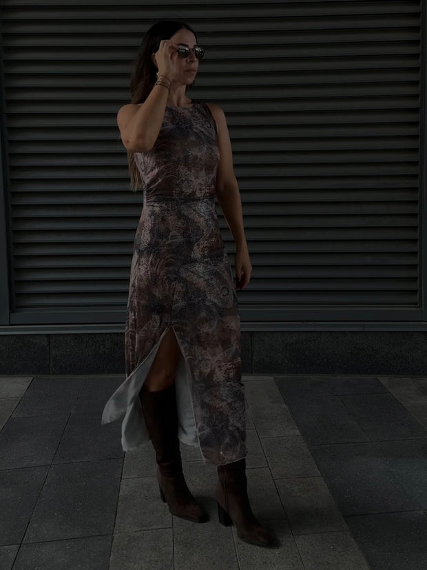 DEX Shirred Mesh Midi Dress
