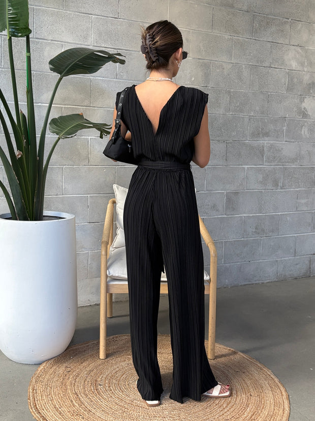 BLACK TAPE Plisse Belted Waist Jumpsuit