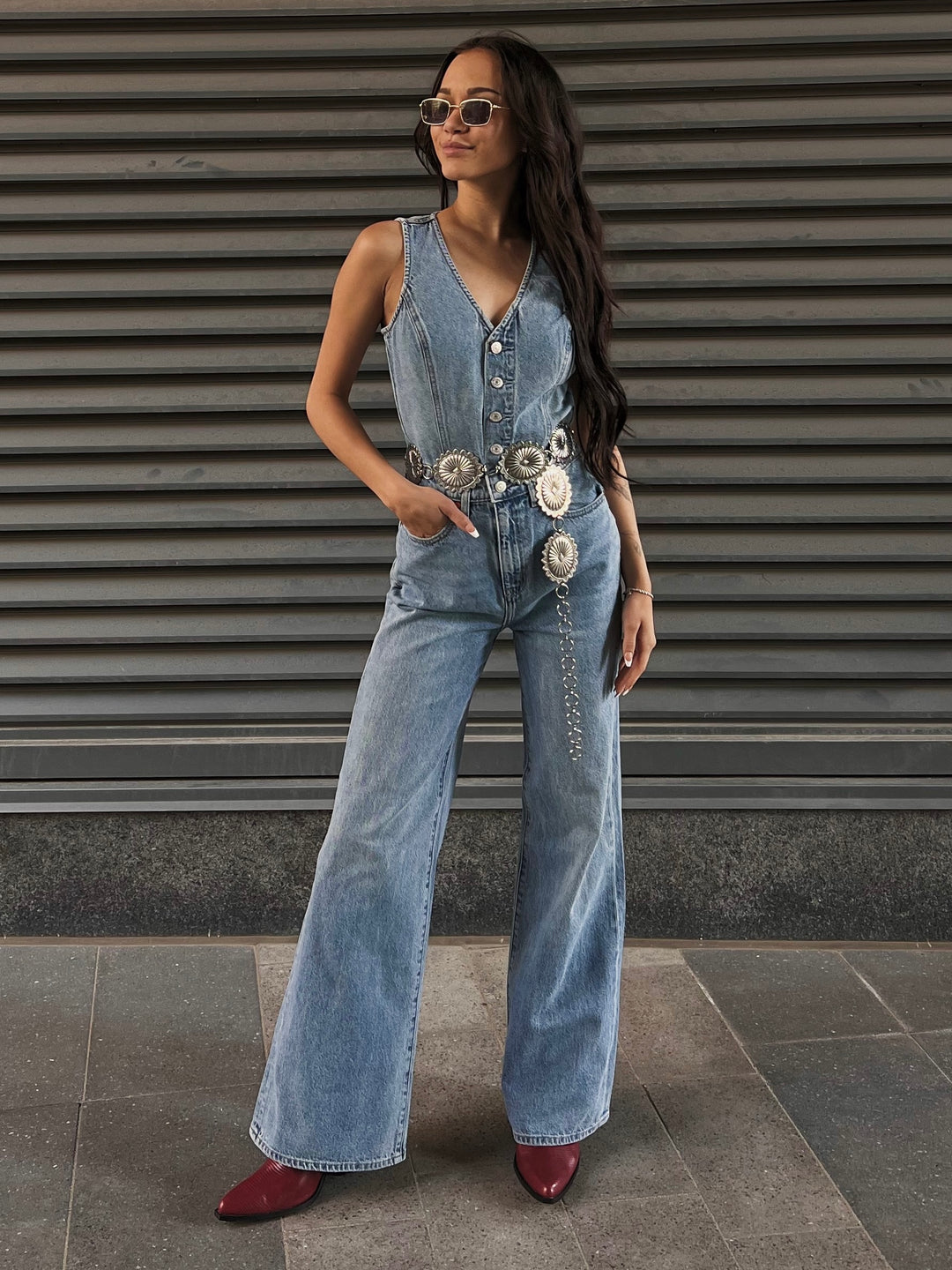 LEVI S Denim Vest Wide Leg Jumpsuit 27 Boutique