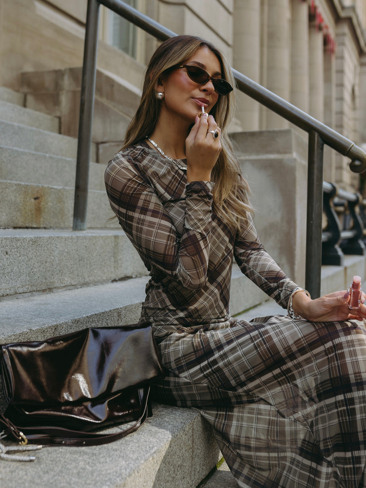 DEX Plaid Mesh Long Sleeve Top