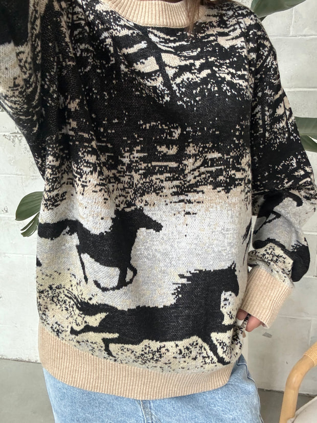 KUWALLA "Horsey Time" Unisex Jacquard Knit Sweater