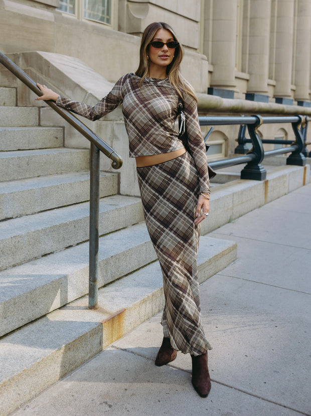 DEX Plaid Mesh Midi Skirt