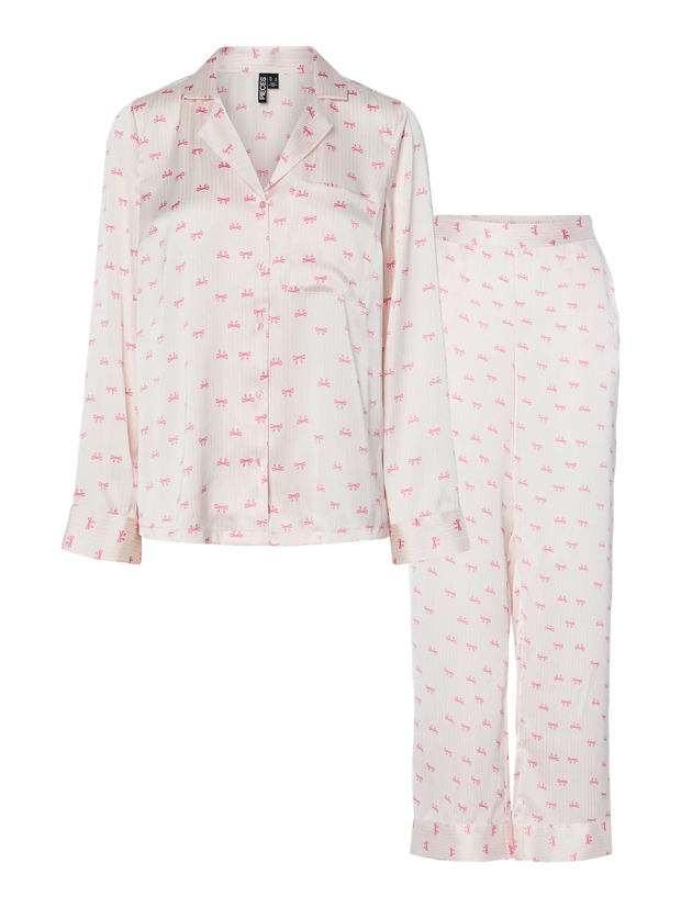 PIECES Satin Button Up Top and Pant PJ Set