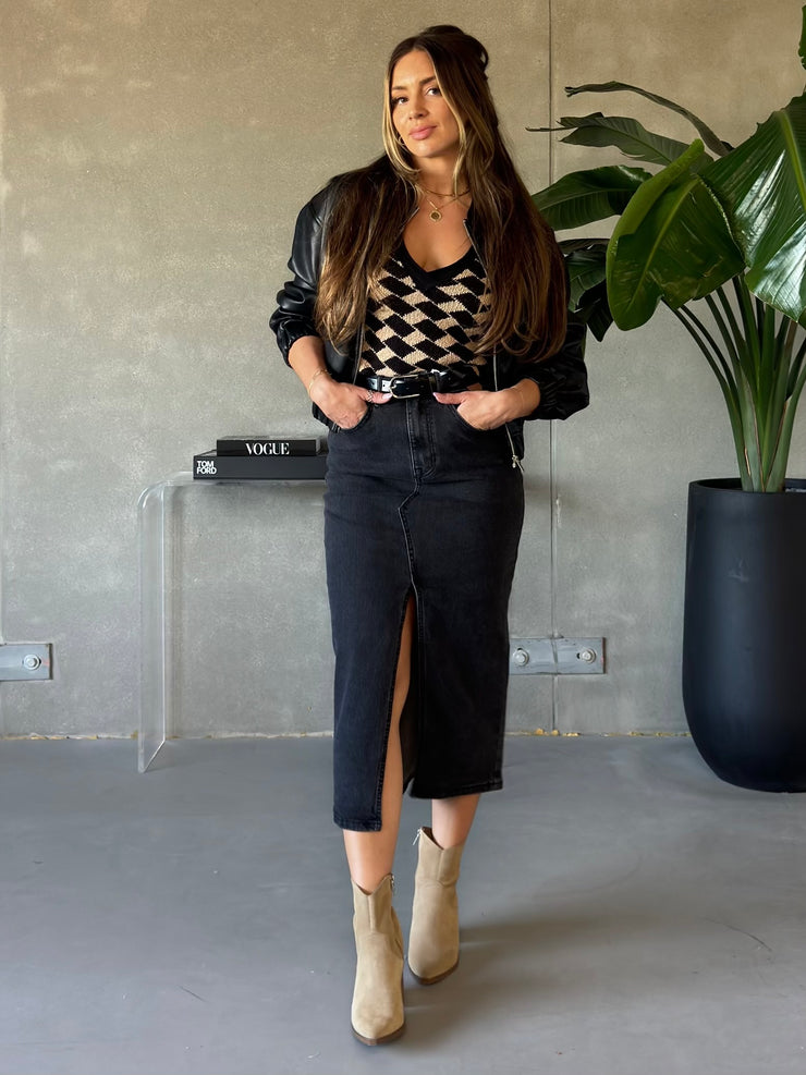 DEX Belted Denim Maxi Skirt