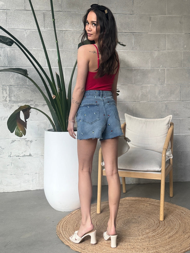DEX Frayed Hem Embroidered Denim Shorts